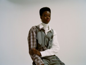 Vaquera’s cotton shirt and wool waistcoat over Gabriele Colangelo’s wool turtleneck; Chelsea and Walker’s cotton, linen, polyester, rayon and spandex pants. Jennifer Fisher earring.