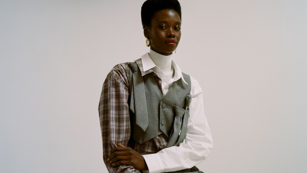 Vaquera’s cotton shirt and wool waistcoat over Gabriele Colangelo’s wool turtleneck; Chelsea and Walker’s cotton, linen, polyester, rayon and spandex pants. Jennifer Fisher earring.