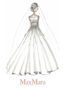 Max Mara suggests an update on the classic princess dress: off-the-shoulder with sophisticated embroidery.