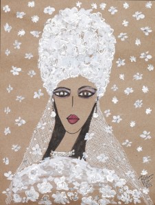 Rebecca Moses sees Meghan Markle as a separates kind of gal in a long skirt and cutaway Chantilly lace tunic with train, hand-painted and bejeweled.