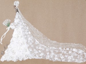 Rebecca Moses sees Meghan Markle as a separates kind of gal in a long skirt and cutaway Chantilly lace tunic with train, hand-painted and bejeweled.