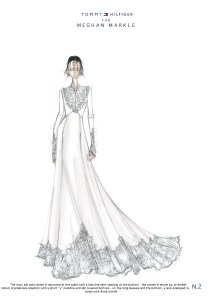 Tommy Hilfiger sees Meghan Markle two ways: in a languid Empire style with V-neckline or a more covered satin gown with deep lace border.
