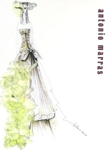Ever the artist, Antonio Marras sees Meghan Markle in an elongated, jeweled bodice fastened with an off-center bow and an ebullient spill of flowers down the skirt.