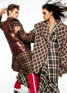 On Him: Calvin Klein 205W39NYCÕs wool jacket, nylon vest, wool pants and boots. Pyrrha rings.On Her: Calvin Klein 205W39NYCÕs wool jacket, polyester skirt and polyester coat. Joomli earring; Laruicci necklaces; Versace necklace; Retrouvai peace ring, and APC ring.