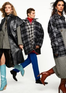 On Left: GivenchyÕs acetate and polyamide bodysuit, lamb leather skirt, wool jacket and lamb leather coat. Fendi boots; Laruicci earrings; Foundrae necklace and rings; Established key necklace and rings, and El Seor skateboard necklace.On Center: BalenciagaÕs polyamide turtleneck, cotton shirt, wool shirt, cotton shirt and derbies. Foundrae necklace; Rush Jewelry Design necklace; Lady Grey circle link necklace; Laruicci silver necklace; Established ring, and Pyrrha rings.On Right: BalenciagaÕs wool dress and earrings. Roberto Cavalli boots.
