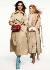 On Left: Beautiful PeopleÕs prima twill coat. Fendi boots; Chanel bag; Laruicci necklace; Rush Jewelry Design ring; Solange Azagury-Partridge lips; Retrouvai pinky ring.On Right: LoeweÕs cotton coat. Fendi boots and Chanel bag.