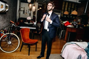 Josh Groban tries on suits for the 2018 Tony Awards.  Photographed by Nina Westervelt