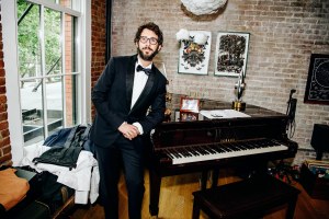 Josh Groban tries on suits for the 2018 Tony Awards.  Photographed by Nina Westervelt