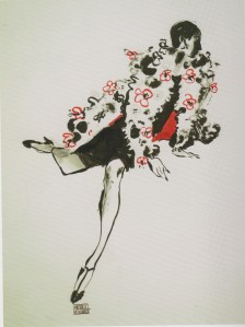 A sketch of the  Norell  Silk Floral Anemone Coat by Michael Vollbracht.