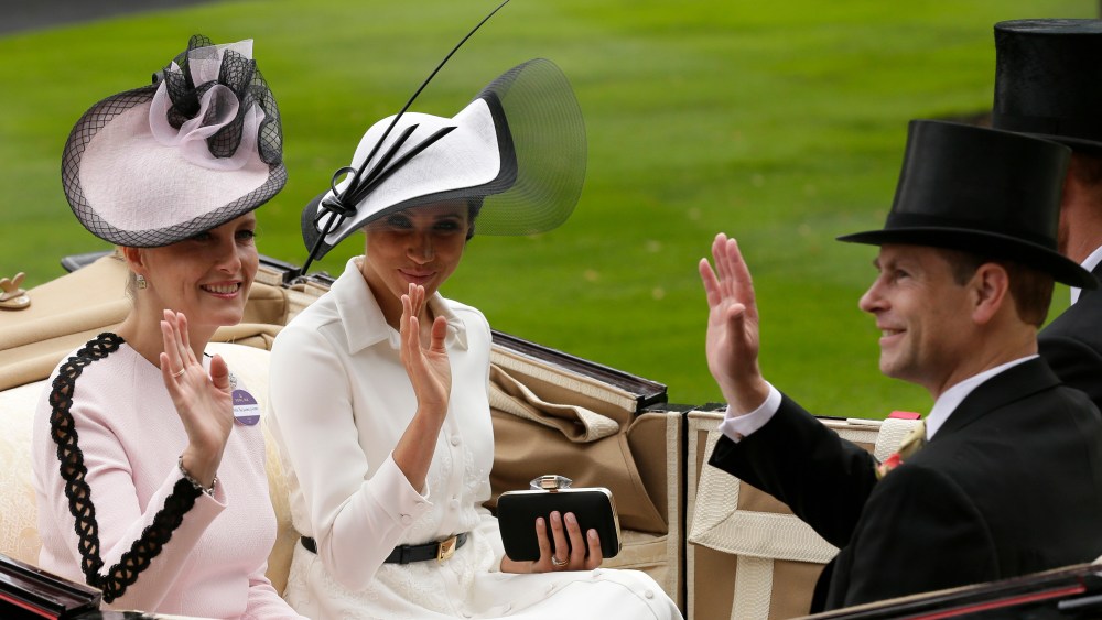 Prince Harry and Meghan, Duchess of Sussex, arrives at the parade ring with Prince Edward, Earl of Wessex, and Sophie, Countess of Wessex, for the Royal Ascot