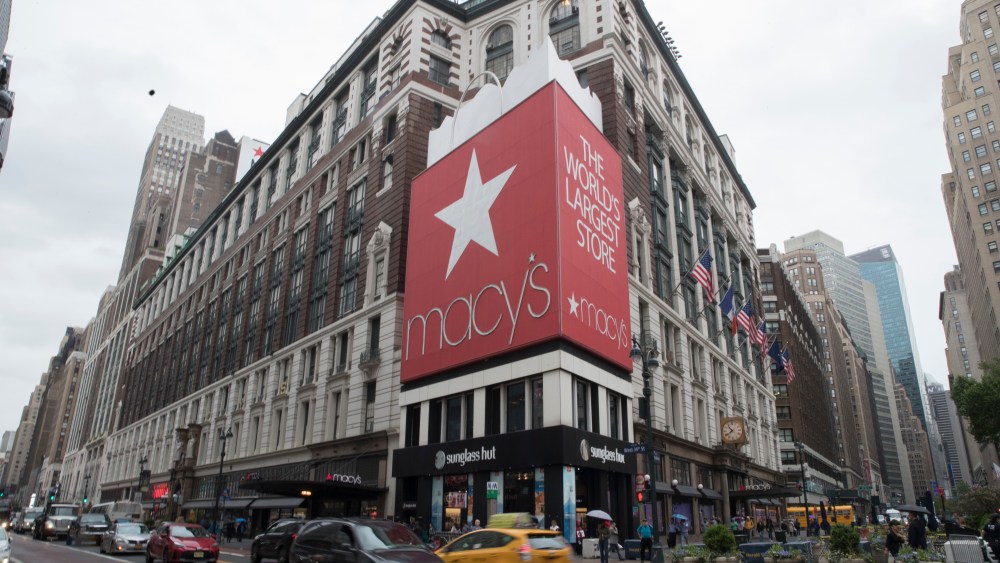 Traffic makes it's way past the Macy's flagship store, in New York. The company reported its second straight quarter of higher sales at existing stores after a three-year funk. Its shares surged nearly 9 percent Wednesday, and the stocks of other department store chains rose as wellEarns Macys, New York, USA - 16 May 2018