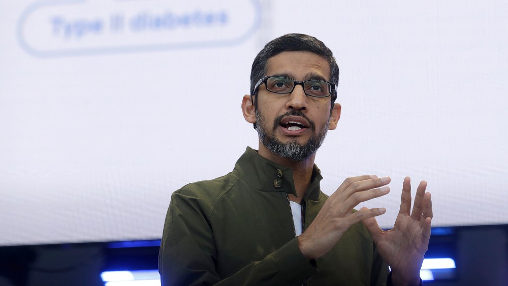 Google CEO Sundar Pichai speaks at the Google I/O conference in Mountain View, Calif. Google pledges that it will not use artificial intelligence in applications related to weapons or surveillance, part of a new set of principles designed to govern how it uses AI. Those principles, released by Pichai, commit Google to building AI applications that are "socially beneficial," that avoid creating or reinforcing bias and that are accountable to peopleGoogle AI Principles, Mountain View, USA - 08 May 2018