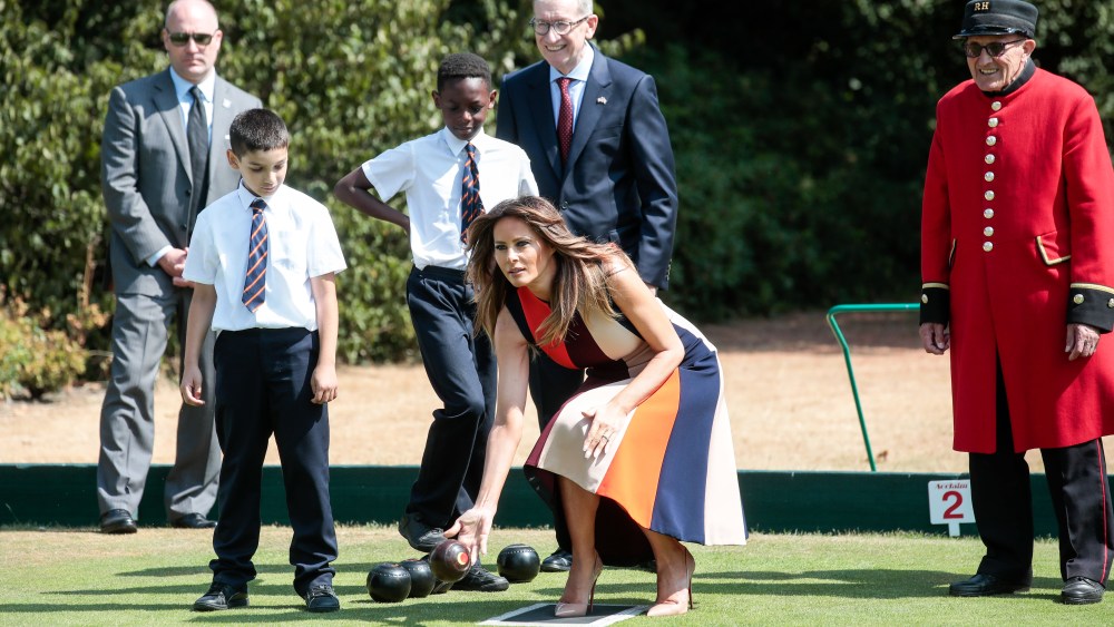 US First Lady Melania Trump tries her hand at lawn bowls with Philip May husband of British Prime Minister Theresa May during a visit to The Royal Hospital Chelsea in London, Britain, 13 July 2018