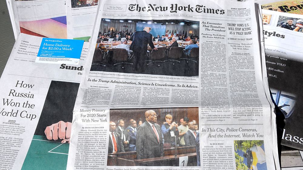 New York times weekend cost $6.usa dolars and weekday coast 3 dollars.The New York times newspaper, Claskston, Washington, USA - 13 Jun 2018