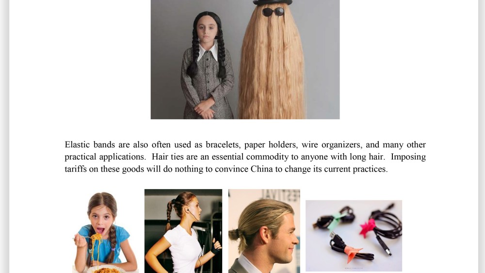 An excerpt from Goody's document filed to the USTR rebuking tariffs - prominently featuring the Addams Family character, Cousin Itt.