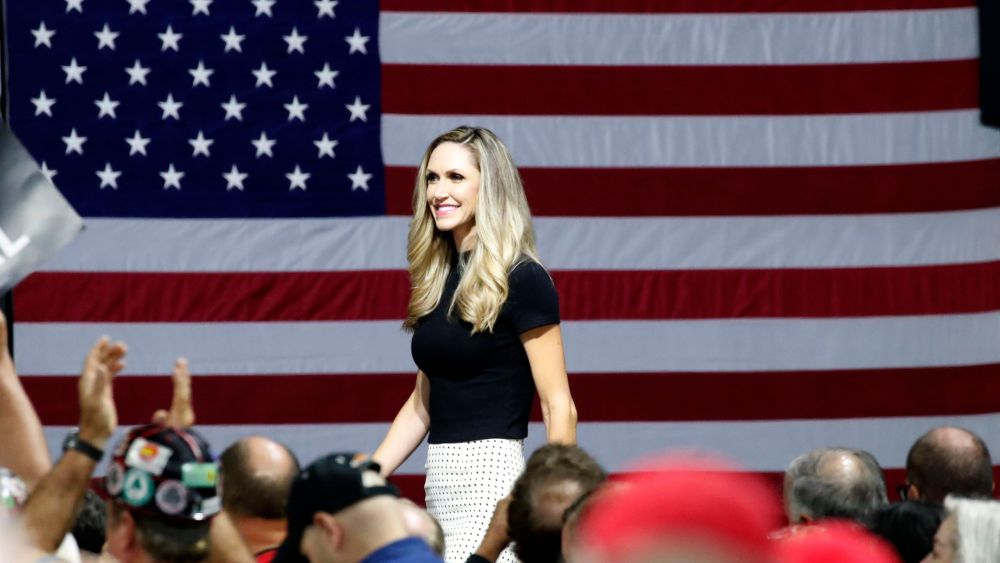 Lara Trump, arrives to speak before President Donald Trump speaks during a rally in Charleston on August 21.