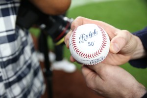 Ralph Lauren throws the opening pitch of the New York Yankees vs Boston Red Sox game in celebration of Ralph Lauren 50th anniversary.