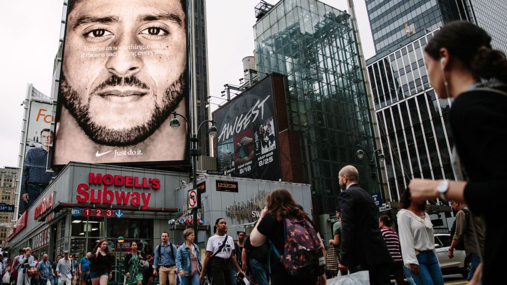 A new Nike ad campaign billboard featuring NFL quarterback Colin Kaepernick can be seen in midtown Manhattan, in New York, New York, USA, 07 September 2018.Nike campaign featuring Colin Kaepernick ad in New York, USA - 07 Sep 2018