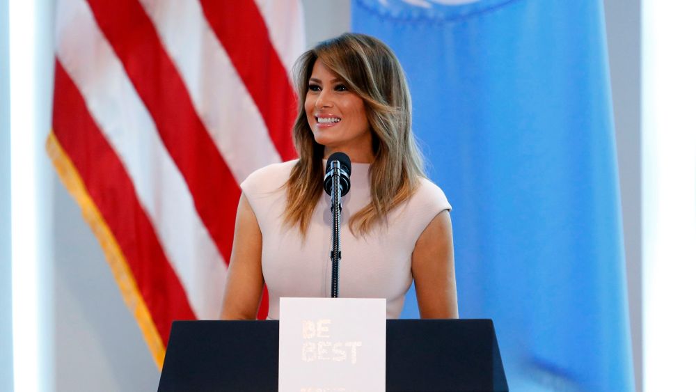 First lady Melania Trump speaks during a reception at the United States mission to the United Nations.