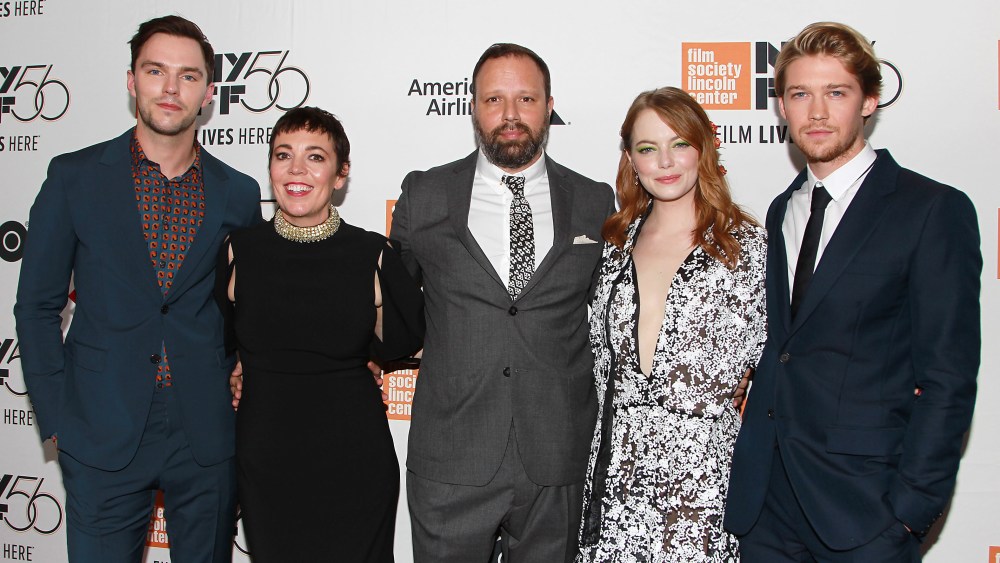 Nicholas Hoult, Olivia Colman, Yorgos Lanthimos, Emma Stone and Joe Alwyn.