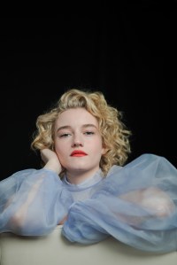 Julia Garner in Beaufille’s silk dress over Araks’ cotton bra and panties. Area shoes.