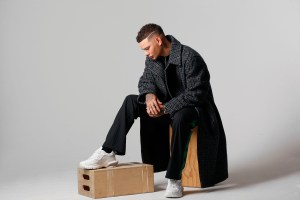 Stella McCartneyÕs coat, DunhillÕs leather jacket worn as shirt and Off-WhiteÕs pants. Valentino sneakers.