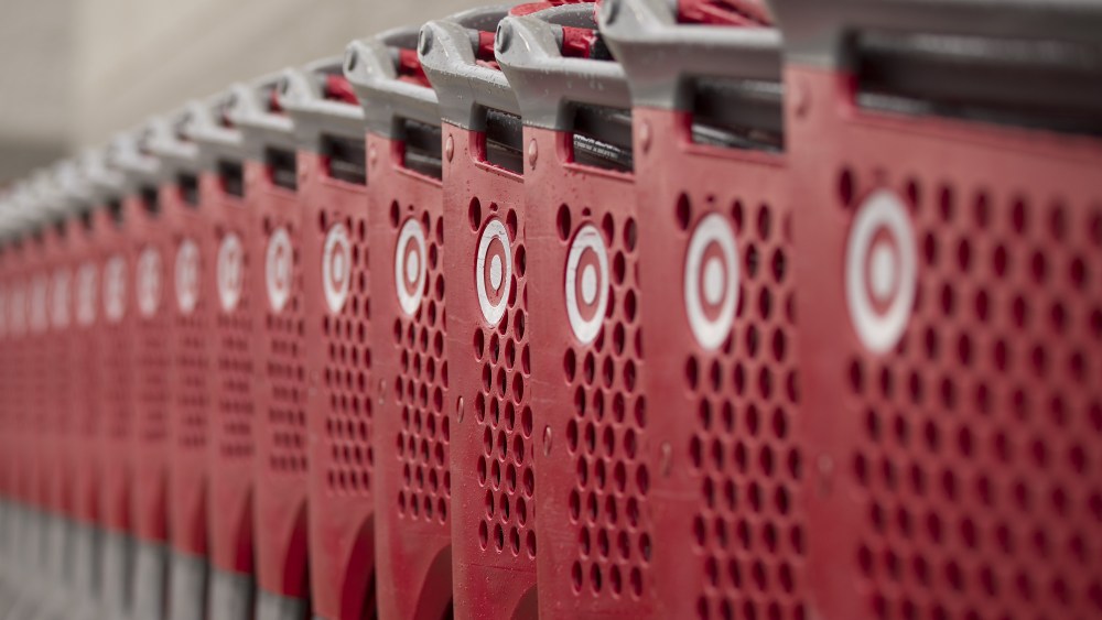 Shopping carts outside a Target department store in Woburn, Massachusetts, USA 25 October 2017. Target Corporation is the second largest discount retail store in the United States to Walmart, and is traded on the NYSE as TGT.Target department store in Woburn, USA - 25 Oct 2017