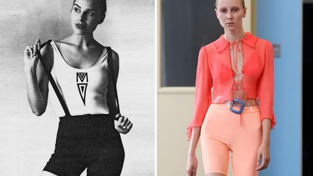 Gilda Marx's bicycle shorts pictured in WWD in February 1993 (left) and Maryam Nassir Zadeh RTW Spring 2019
