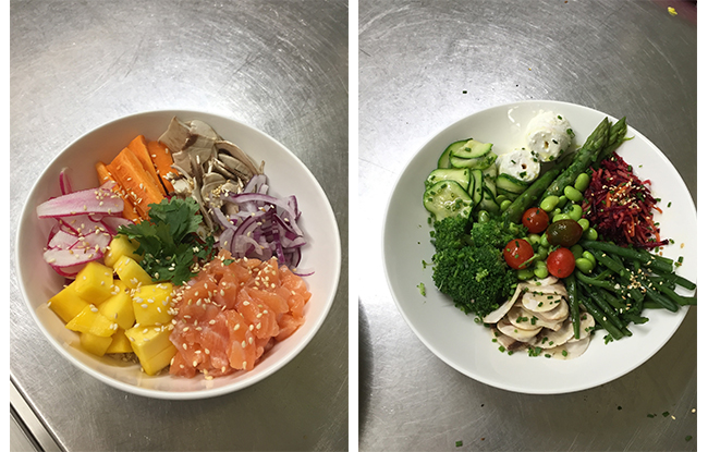 A Hawaian-style poke bowl and the signature vegetable dish at Mar'Co