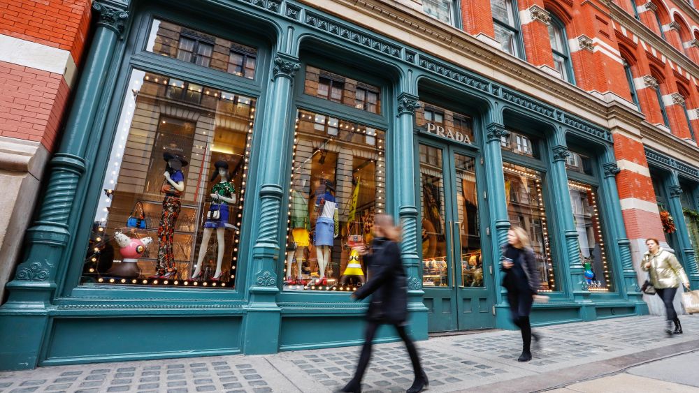 Exterior view of the Prada NYC Soho location. The store had displayed Pradamalia characters, which sparked criticism for resembling blackface and have since been removed from the storefront.Prada store accused of depicting blackface, New York, USA - 14 Dec 2018