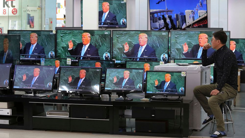 TV screens show a news program with an image of U.S. President Donald Trump in his address at the U.N. General Assembly, at the Yongsan Electronic Market in Seoul, South Korea, . South Korea seemed to downplay the latest hot rhetoric aimed at North Korea by President Trump, calling his words a signal of Washington's strong resolve to deal with the North's march to nuclear weapons mastery but essentially a repetition of U.S. policyKoreas Tensions Trump, Seoul, South Korea - 20 Sep 2017