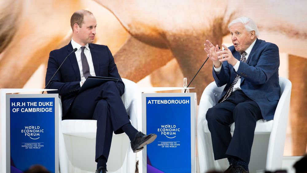 Prince William talks with British broadcaster and natural historian, Sir David Attenborough, during a session at the 49th Annual Meeting of the World Economic Forum in Davos