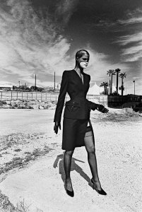 Photo shoot by Helmut Newton for the catalogue of the collection Lingerie Revisited, Monaco, 1998.  Outfit: Thierry Mugler's Lingerie Revisited collection, prêt-à-porter fall/winter 1998–1999.