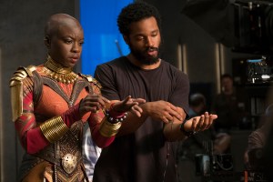 Danai Gurirao n set with director Ryan Coogler filming "Black Panther"