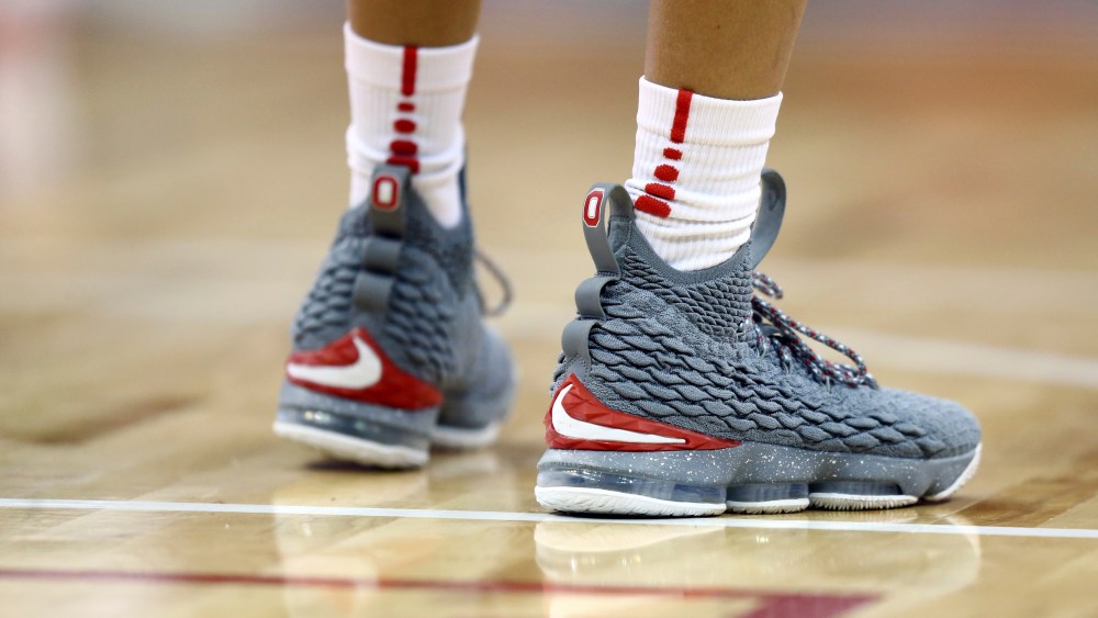 A view of the Nike LeBron 15 shoes worn during an NCAA college basketball game between the Indiana Hoosiers and Ohio State, in Columbus, Ohio. Ohio State won 55-50Indiana Ohio St Basketball, Columbus, USA - 10 Jan 2019