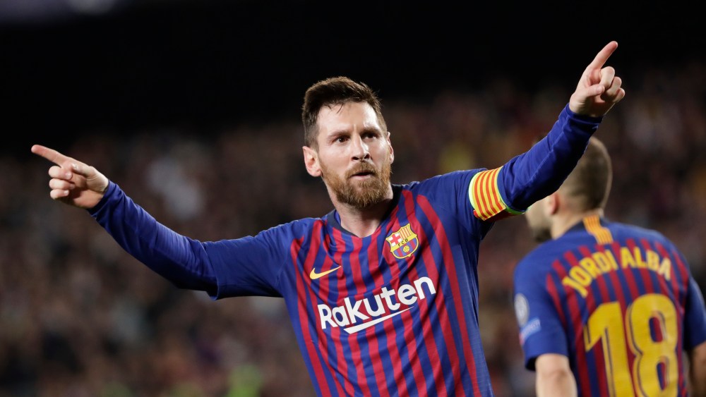 Barcelona's Lionel Messi celebrates after scoring his side's third goal during the Champions League semifinal, first leg, soccer match between FC Barcelona and Liverpool at the Camp Nou stadium in Barcelona, SpainSoccer Champions League, Barcelona, Spain - 01 May 2019
