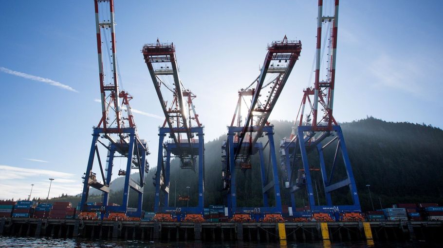 Container cranes stand at the Fairview Container terminal of the Port of Prince Rupert in Prince Rupert, British Columbia, Canada