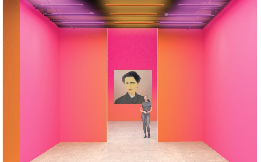 A rendering of the "Louis Vuitton X" exhibition in Los Angeles featuring a portrait by Alex Katz.