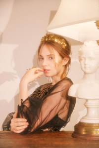 Christian Dior’s embroidered tulle dress. Lelet NY tiara; Christian Dior ring; Vita Fede ring.