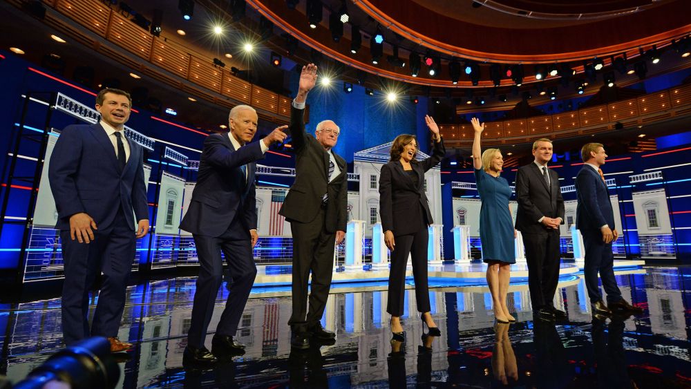 Michael Bennet with Joe Biden, Pete Buttigieg, Kirsten Gillibrand, Kamala Harris, Bernie Sanders and Eric SwalwellFirst Democratic Presidential Debate, Miami, USA - 27 Jun 2019