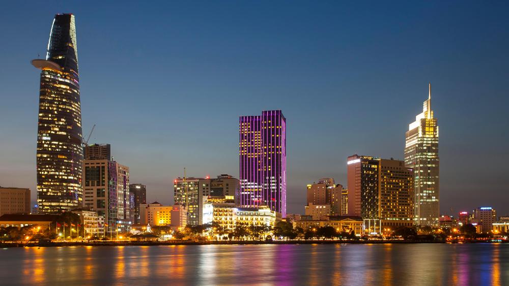 Skyline Saigon, downtown with Bitexo Tower, District 1, Dusk, Ho Chi Minh City, VietnamVARIOUS