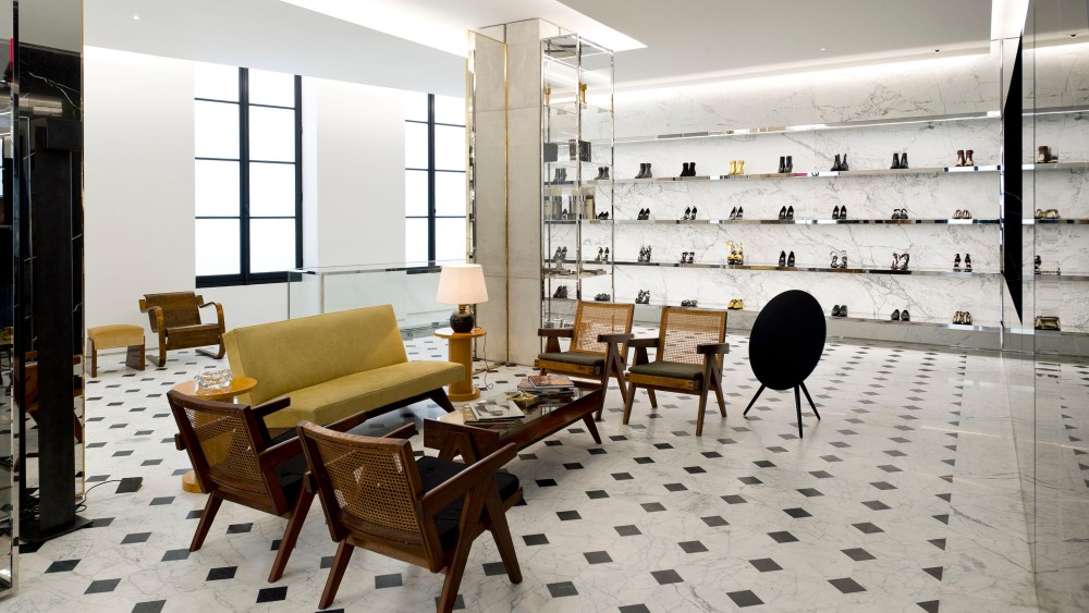 A wall of shoes on the first foor of the Saint Laurent Rive Droite store.
