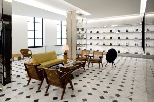 A wall of shoes on the first foor of the Saint Laurent Rive Droite store.