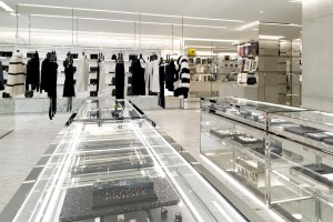 Glass cases filled with novelties at the Saint Laurent Rive Droite store.