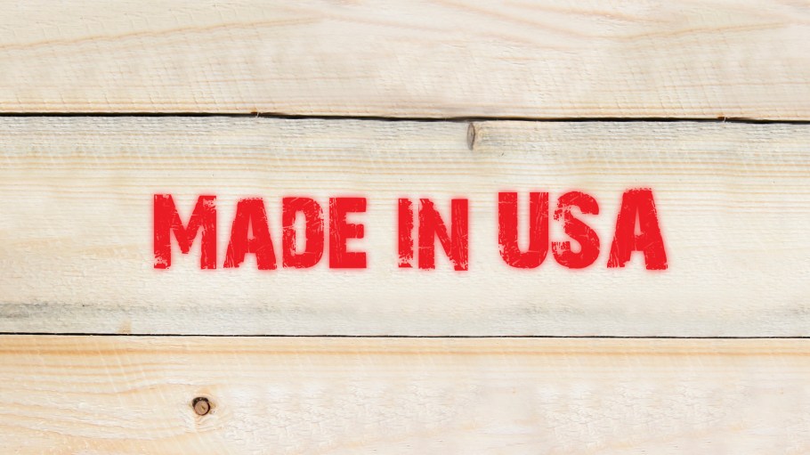 Made in USA. Red label on wooden box side