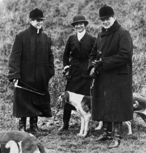 On right, Winston Churchill (1874 - 1965) accompanied by his son Randolph (1911 - 1968) and Coco Chanel (1883 - 1971) at a meet of the Duke of Westminster's boar hounds, the 'Mimizan Hunt' near Dampierre, northern France.   (Photo by Hulton Archive/Getty Images)
