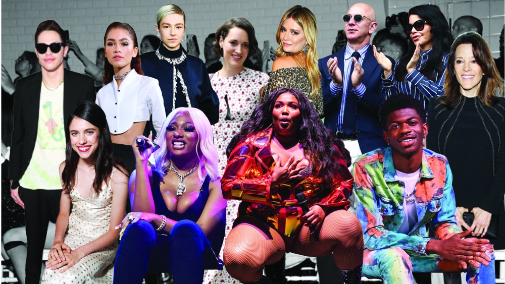 From left, back row: Pete Davidson, Zendaya, Hunter Schafer, Phoebe Waller-Bridge, Mischa Barton and Jeff Bezos and Lauren Sanchez. From left, front row: Margaret Qualley, Megan Thee Stallion, Lizzo, Lil Nas X and Marianne Williamson.