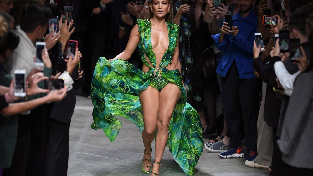 US actress Jennifer Lopez presents a creation by Versace during the Milan Fashion Week, in Milan, Italy, 20 September 2019. Spring-Summer 2020 women's collections are presented at the Milano Moda Donna from 17 to 23 September.Versace - Runway - Milan Fashion Week S/S 2020, Italy - 20 Sep 2019