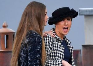 Gigi Hadid approaches a woman during the finale and escorts her off the catwalkChanel show, Runway, Spring Summer 2020, Paris Fashion Week, France - 01 Oct 2019