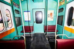 A recreated public transit train car at Nevermore Park opens into a historic Pullman car via the sliding door in back (not pictured).